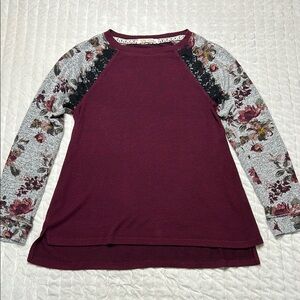 Rewind Burgundy Top with Long Floral Sleeves and Black Lace Detail - Size S
